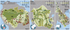 In addition to basin-wide biodiversity summaries (upper left in first two panels, middle in third panel), each basin can be divided into ecoregions (white boundaries). Many species are found only in a single ecoregion (black numbers), and subbasins within each river basin differ widely in their total species richness (shades of green illustrate breakpoints between quartiles in rank order within each basin)